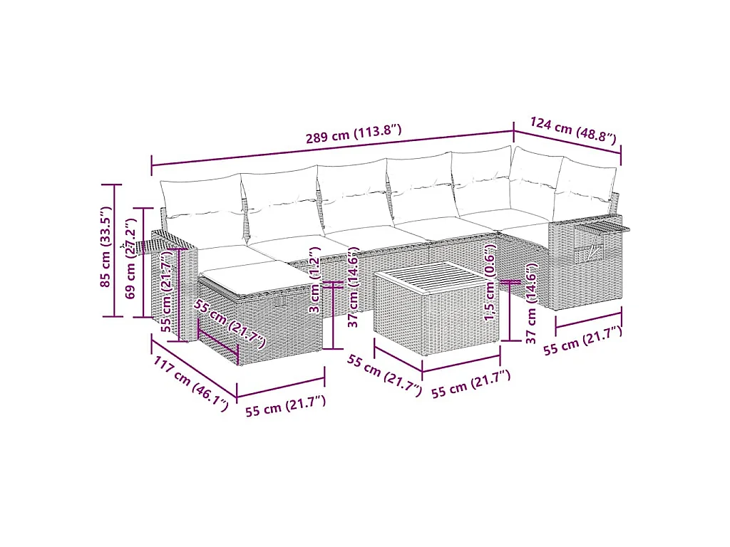8-delige Loungeset met kussens poly rattan zwart