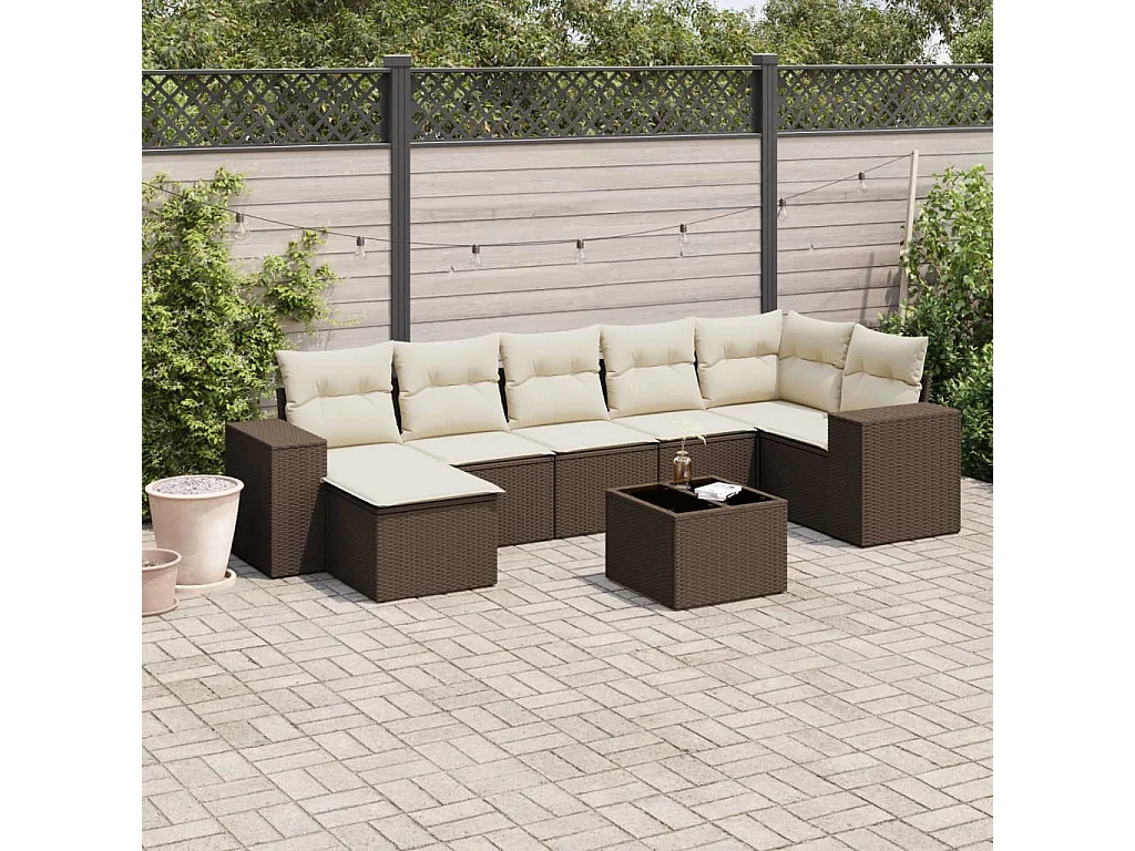 8-delige Loungeset met kussens poly rattan bruin