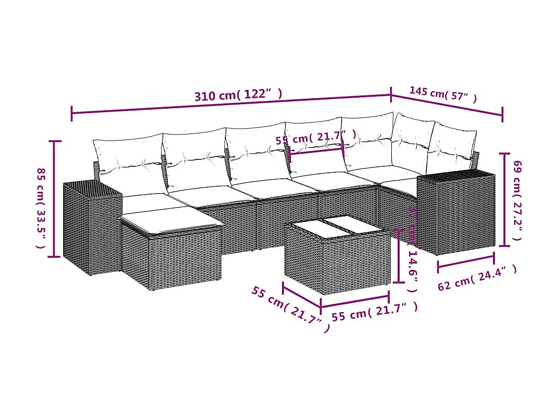 8-delige Loungeset met kussens poly rattan bruin