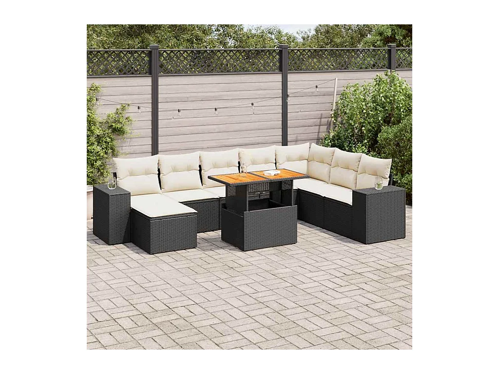 9-tlg. Garten-Sofagarnitur mit Kissen Schwarz Poly Rattan