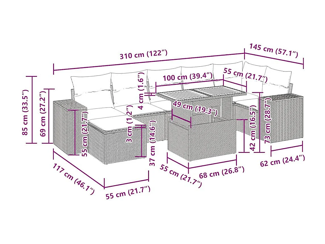 Salon de jardin avec coussins 9 pcs noir résine tressée acacia