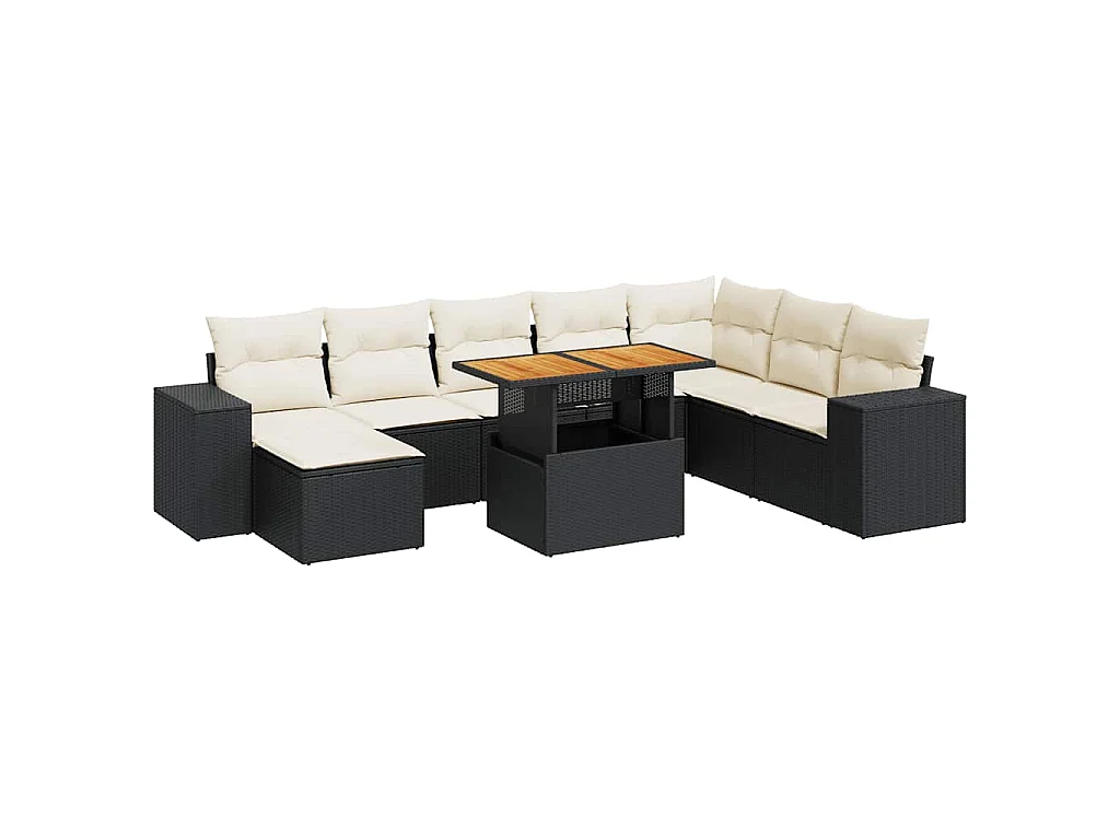 Salon de jardin avec coussins 9 pcs noir résine tressée acacia