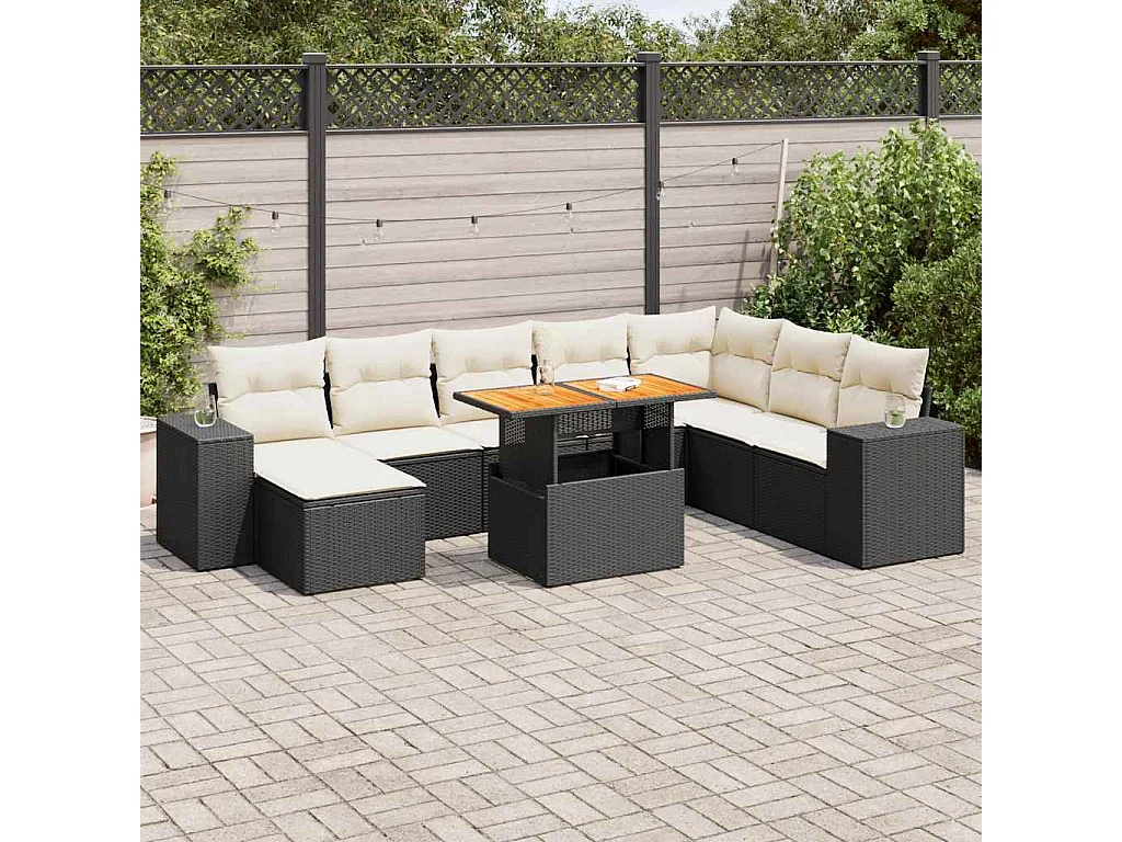 Salon de jardin avec coussins 9 pcs noir résine tressée acacia
