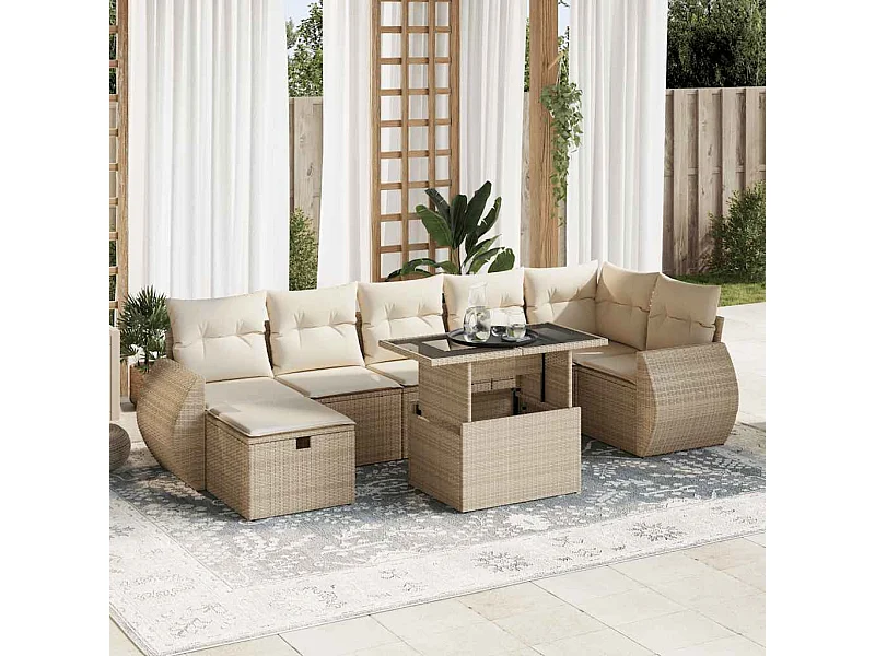 Salon de jardin avec coussins 8 pcs beige résine tressée