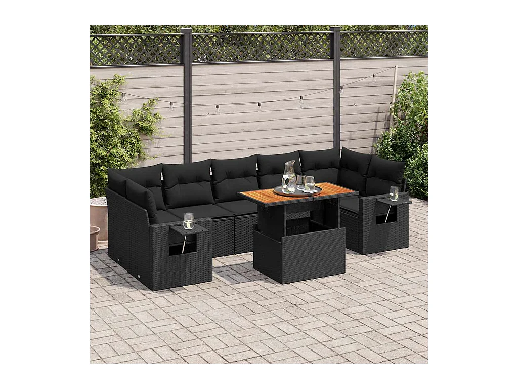 Salon de jardin 8 pcs avec coussins noir résine tressée
