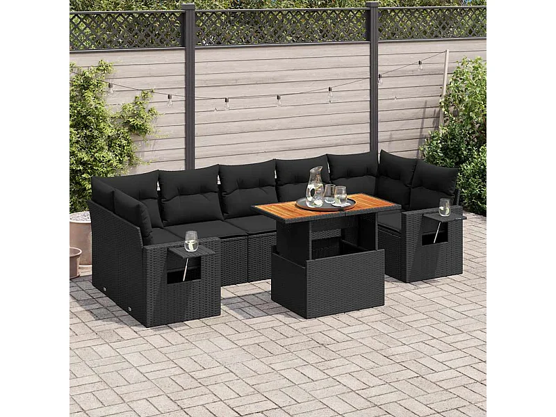 Salon de jardin 8 pcs avec coussins noir résine tressée