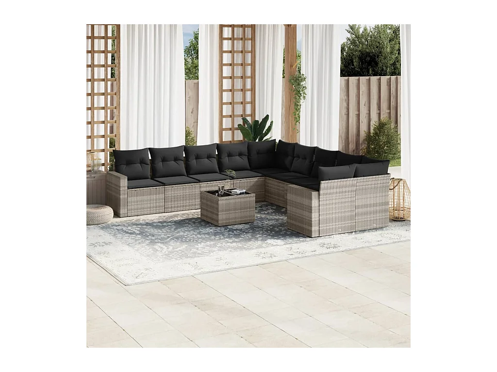 Salon de jardin 11 pcs avec coussins gris clair résine tressée
