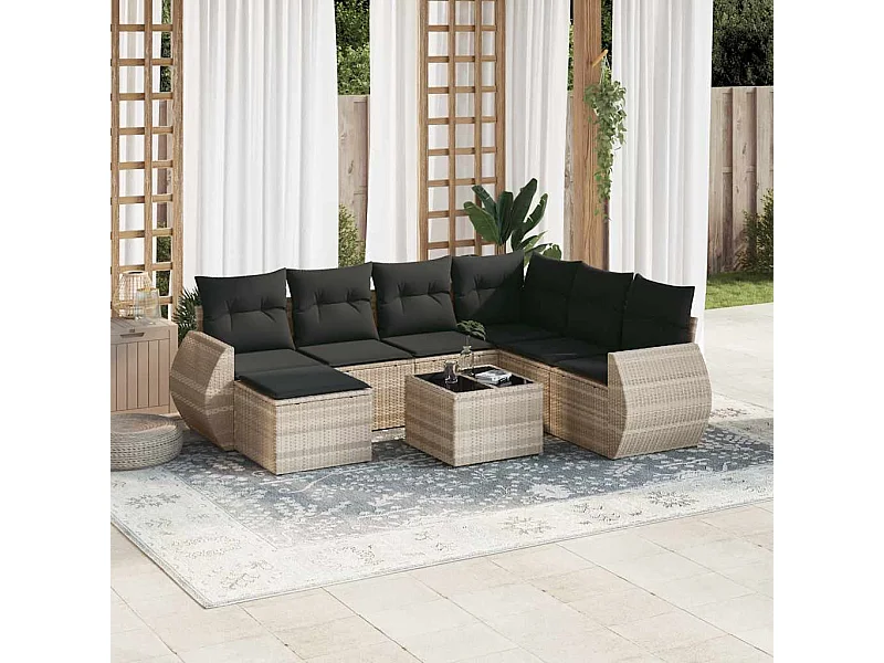 8-tlg. Garten-Sofagarnitur mit Kissen Hellgrau Poly Rattan