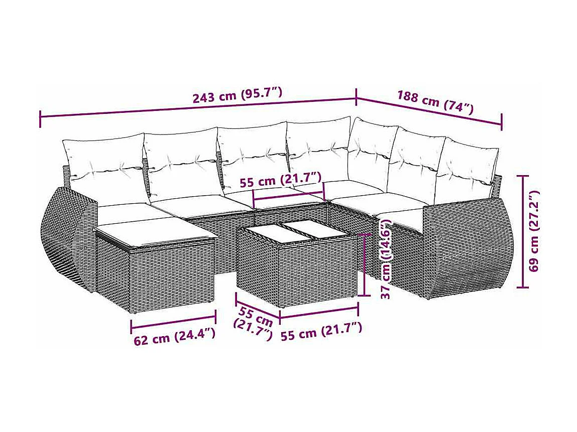 Salon de jardin 8 pcs avec coussins gris clair résine tressée