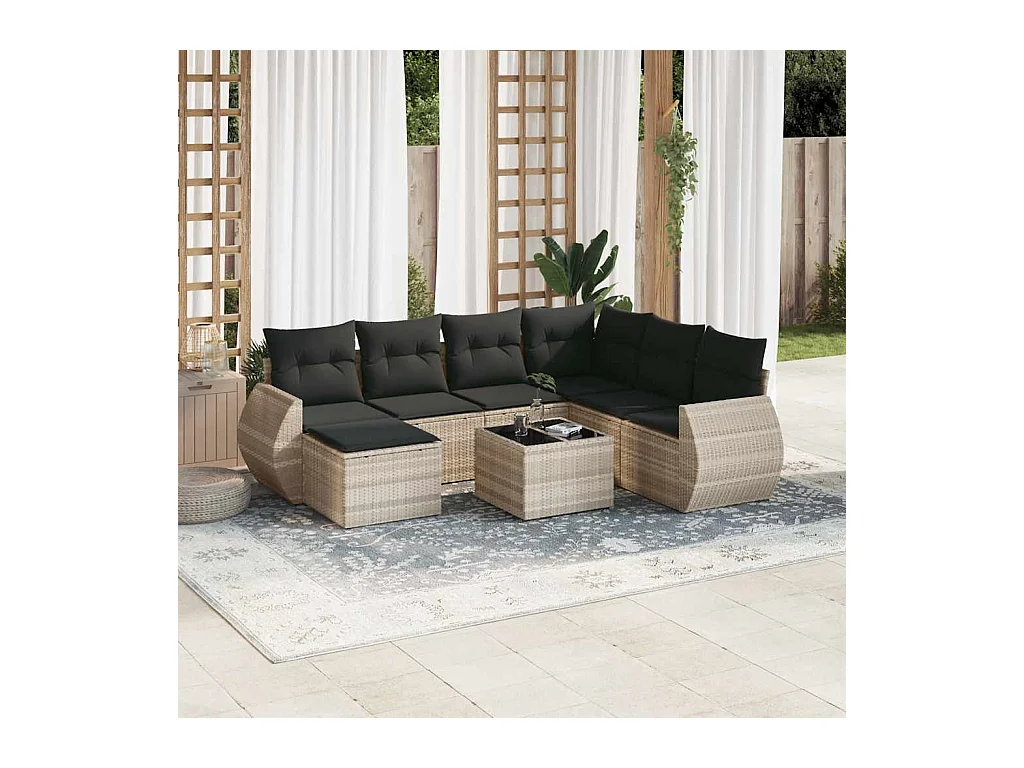 Salon de jardin 8 pcs avec coussins gris clair résine tressée