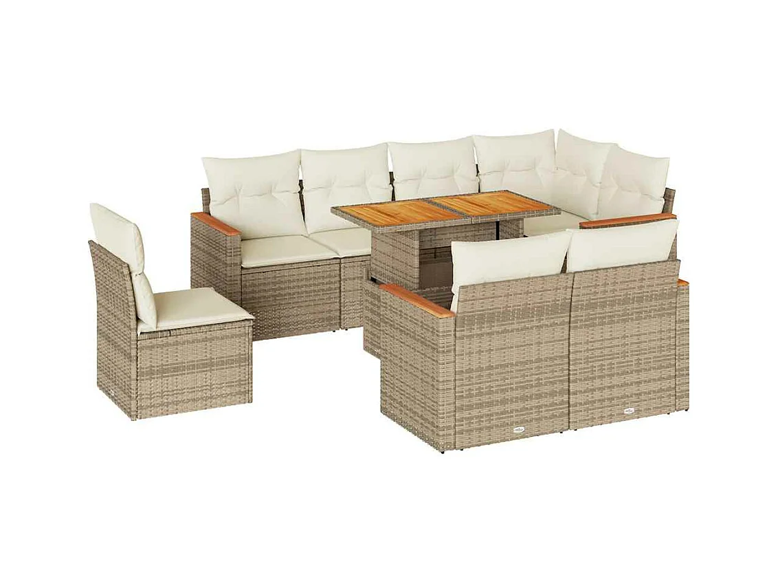 9-tlg. Garten-Sofagarnitur mit Kissen Beige Poly Rattan Akazie