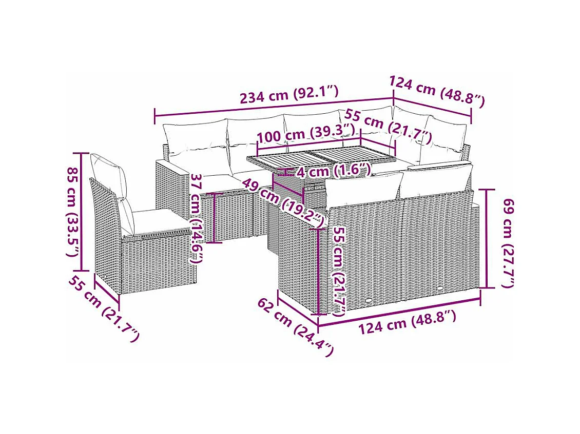 9-tlg. Garten-Sofagarnitur mit Kissen Beige Poly Rattan Akazie