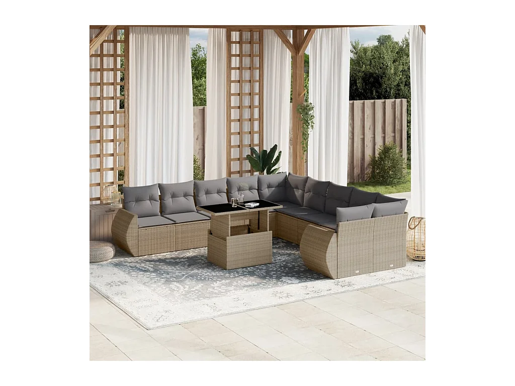 Salon de jardin 11 pcs avec coussins beige résine tressée