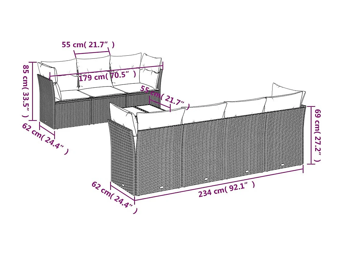 8-tlg. Garten-Sofagarnitur mit Kissen Braun Poly Rattan