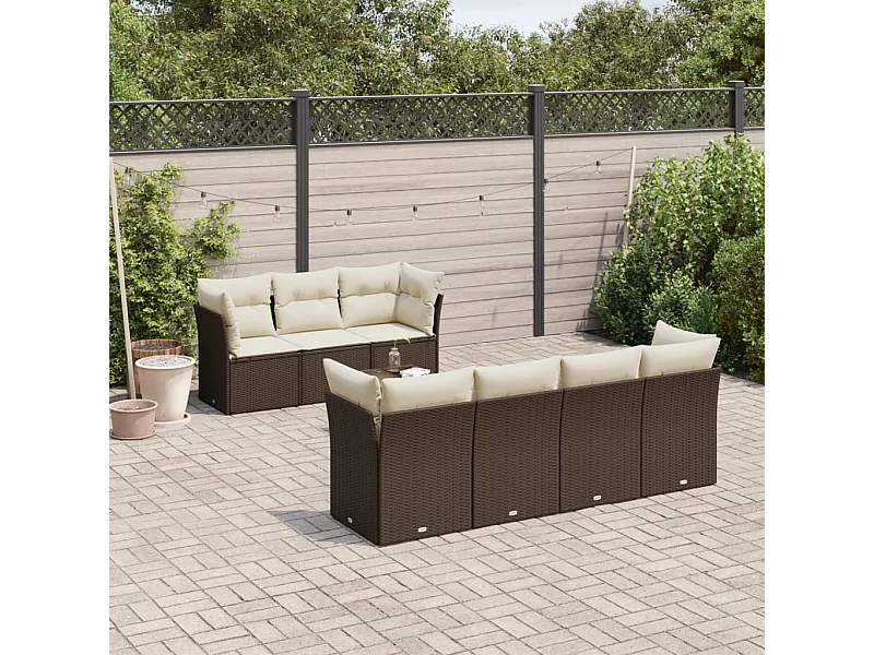 8 pcs conjunto sofás de jardim c/ almofadões vime PE castanho