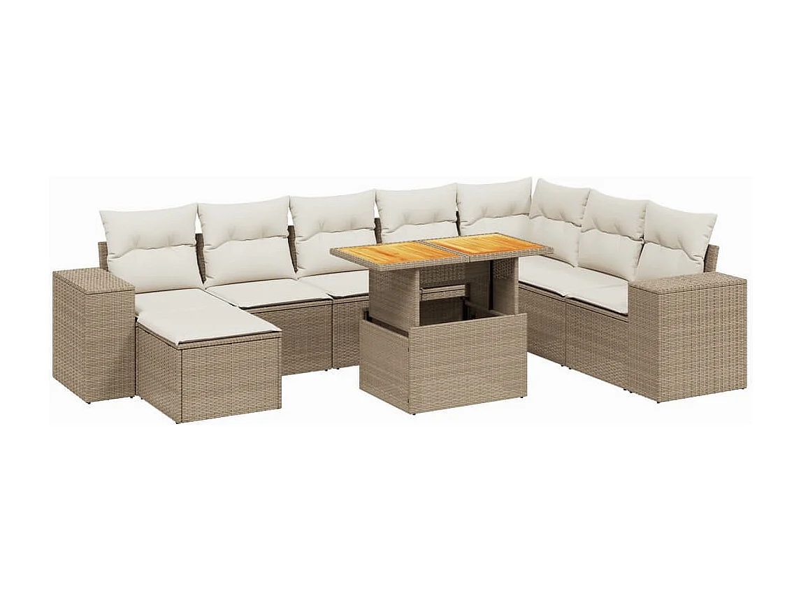 Salon de jardin avec coussins 9 pcs beige résine tressée