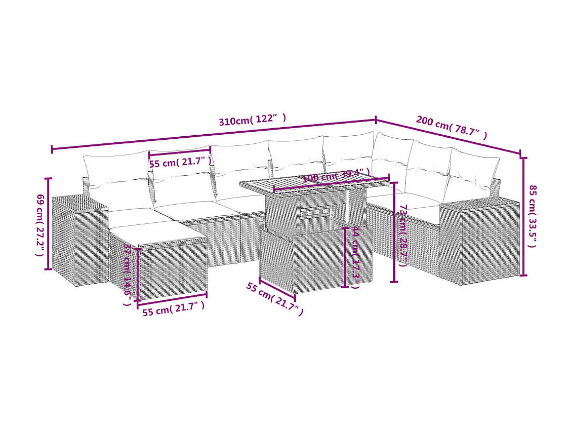 Salon de jardin avec coussins 9 pcs beige résine tressée