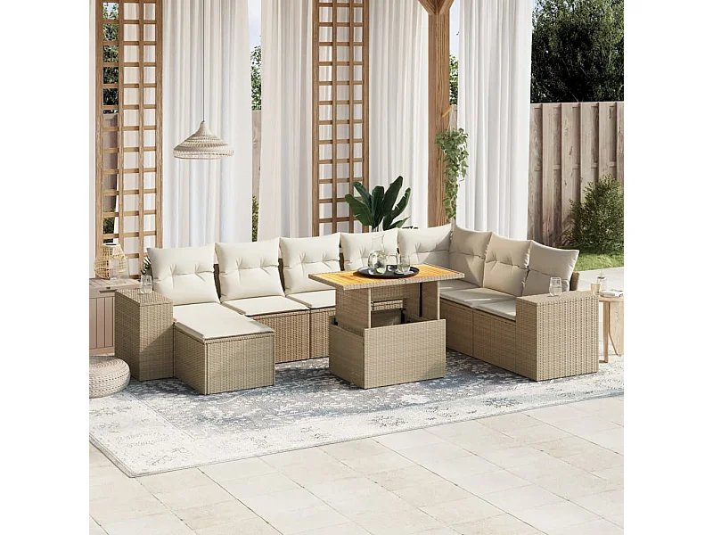 Salon de jardin avec coussins 9 pcs beige résine tressée