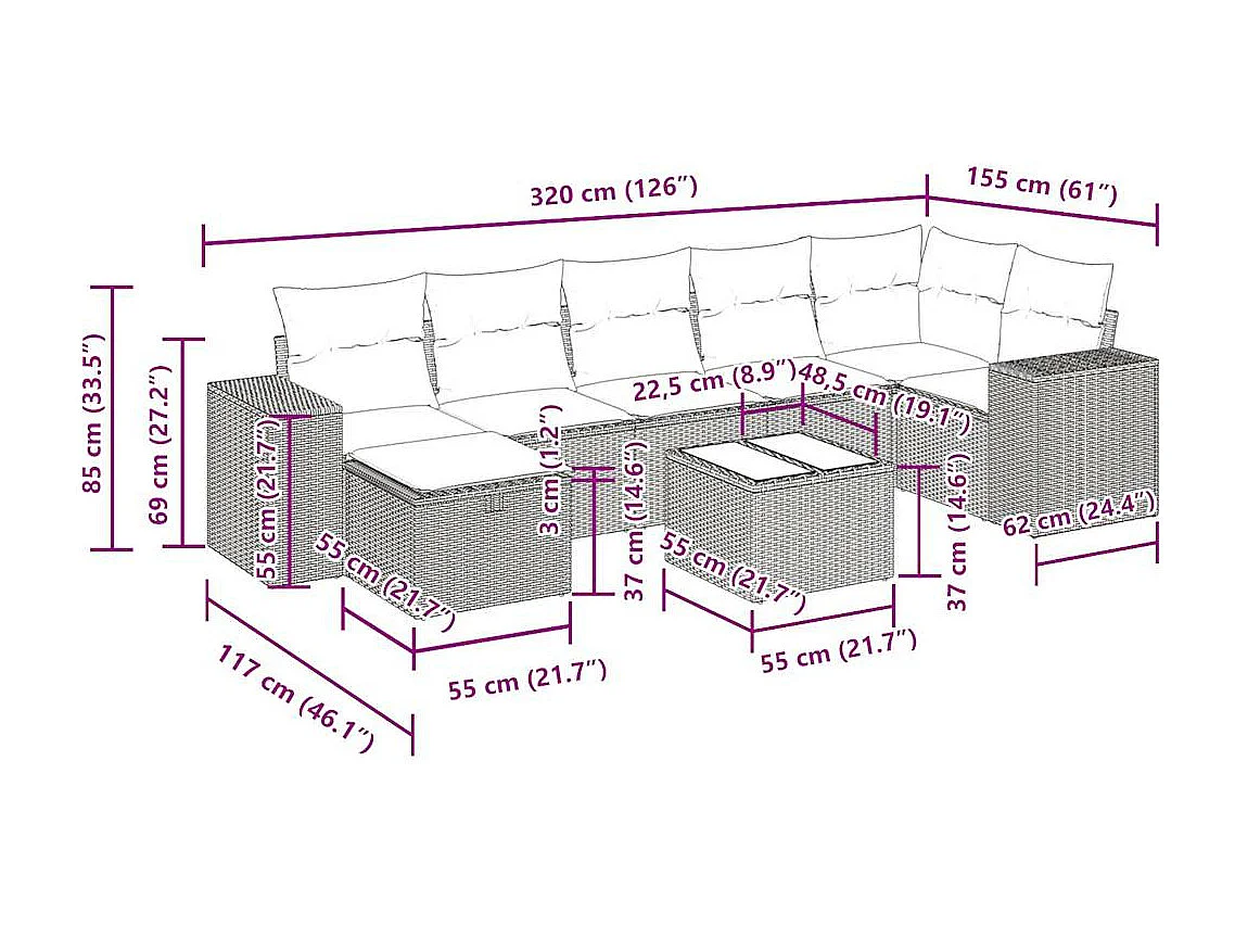 Salon de jardin avec coussins 8 pcs beige résine tressée
