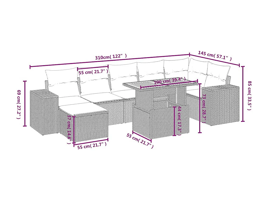 8-delige Loungeset met kussens poly rattan beige