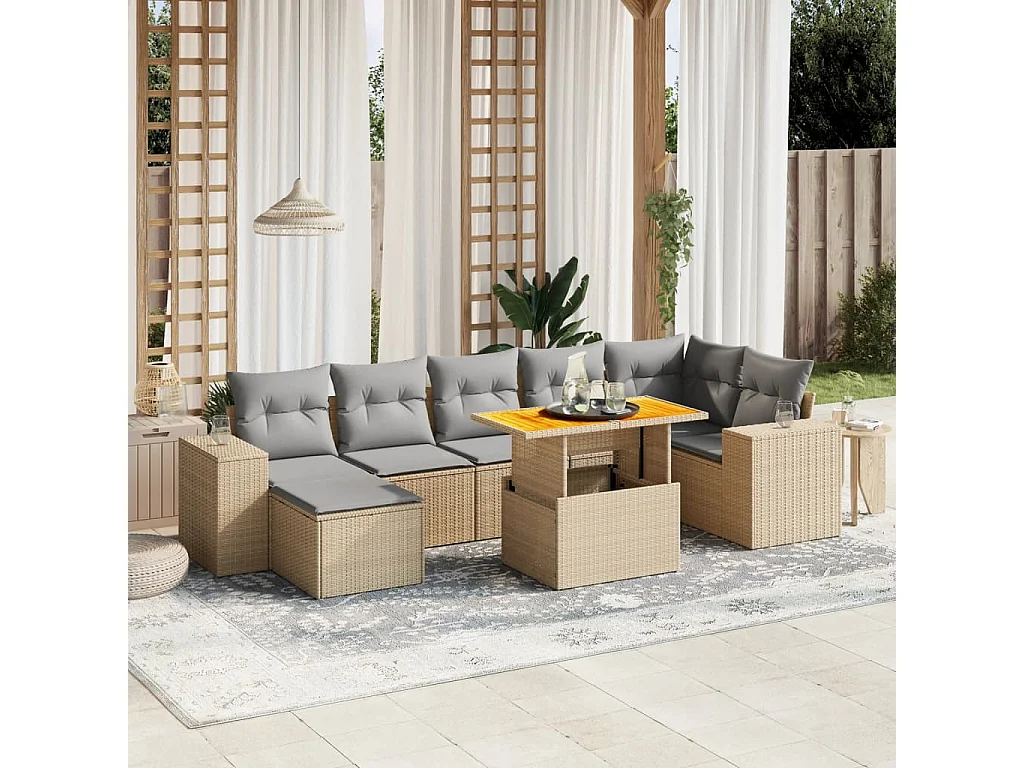 Salon de jardin avec coussins 8 pcs beige résine tressée