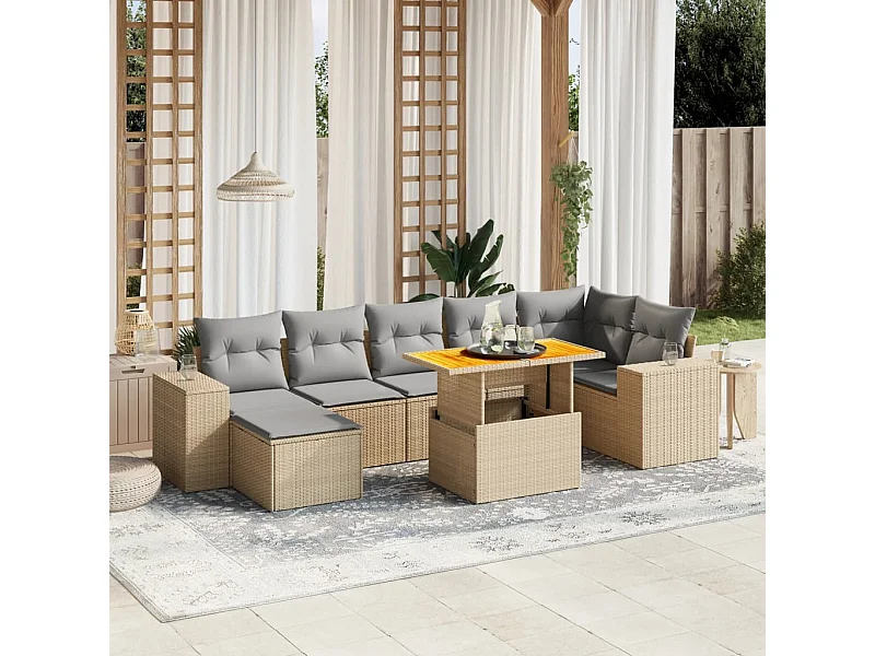 Salon de jardin avec coussins 8 pcs beige résine tressée