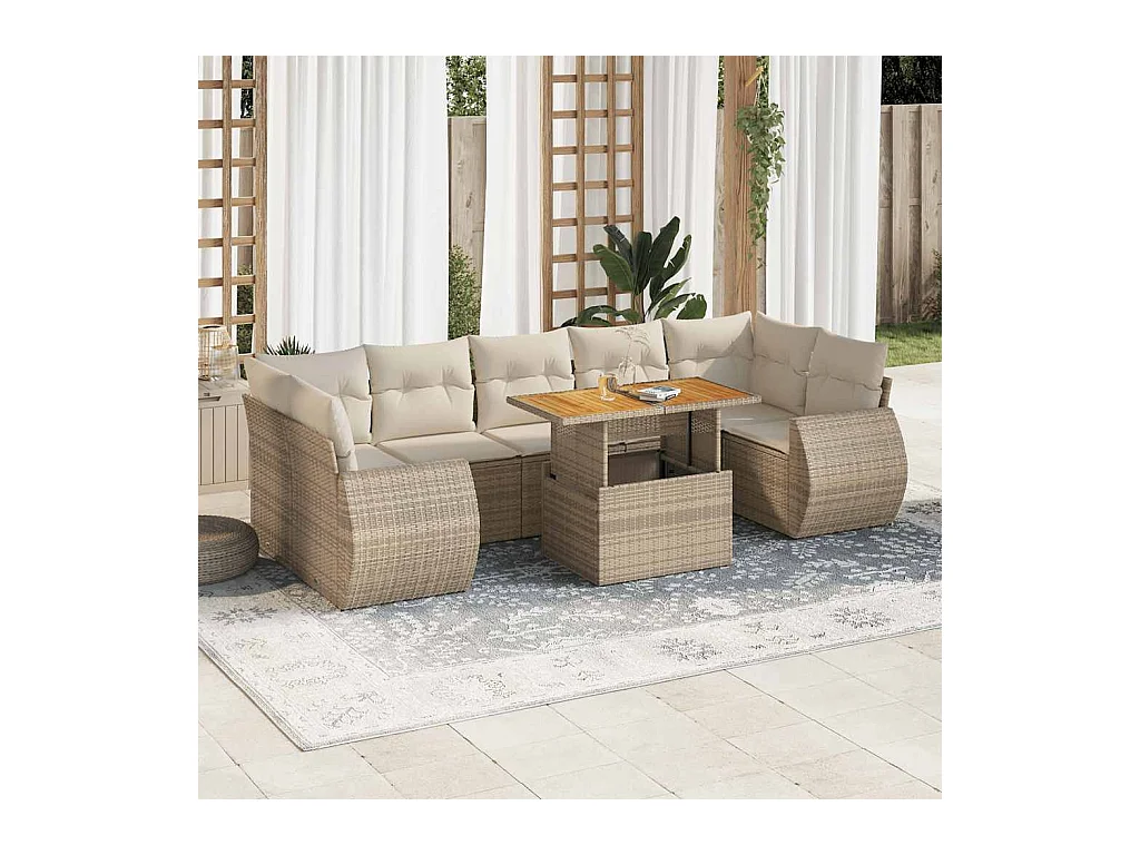 8-delige Loungeset met kussens poly rattan beige