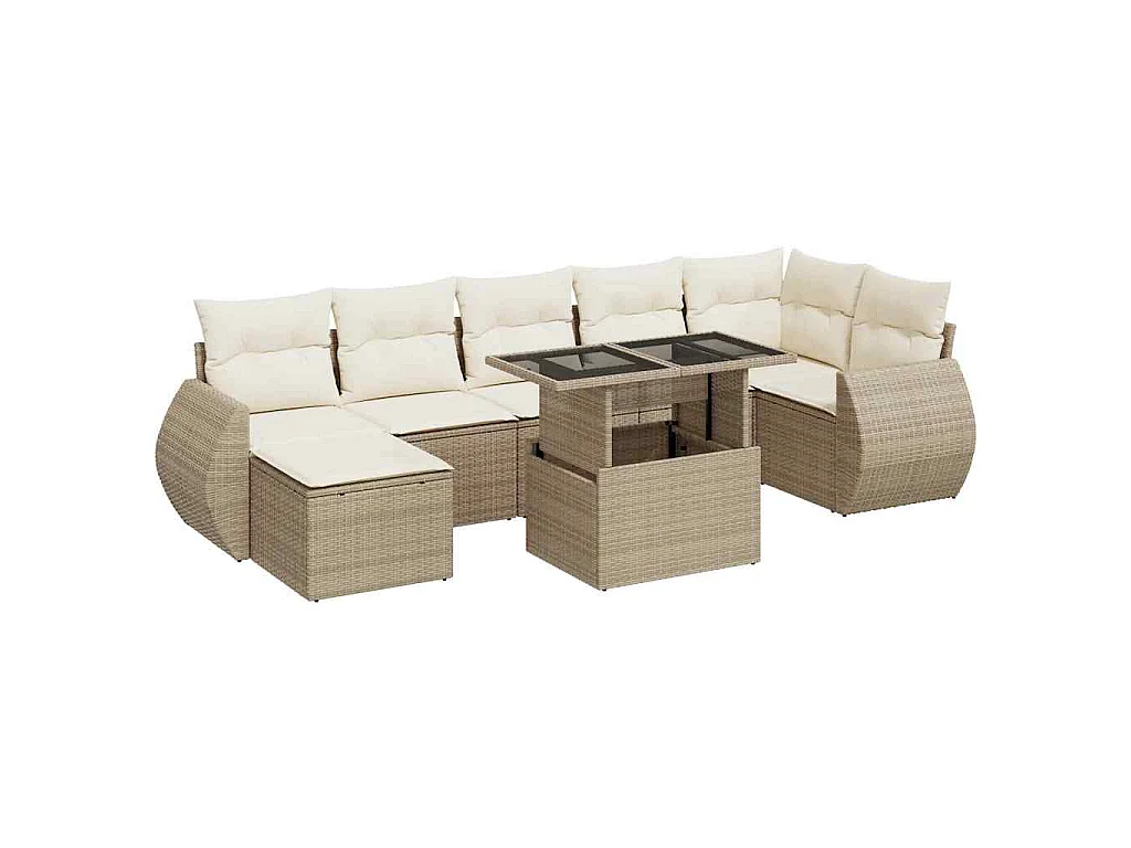 8 pcs conjunto de sofás p/ jardim com almofadões vime PE bege