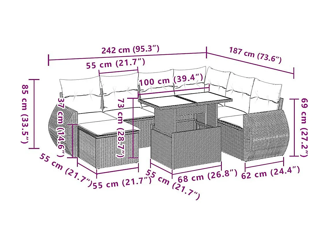 Salon de jardin avec coussins 8 pcs beige résine tressée