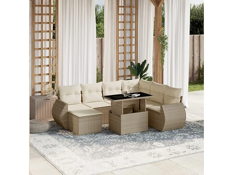 Salon de jardin avec coussins 8 pcs beige résine tressée
