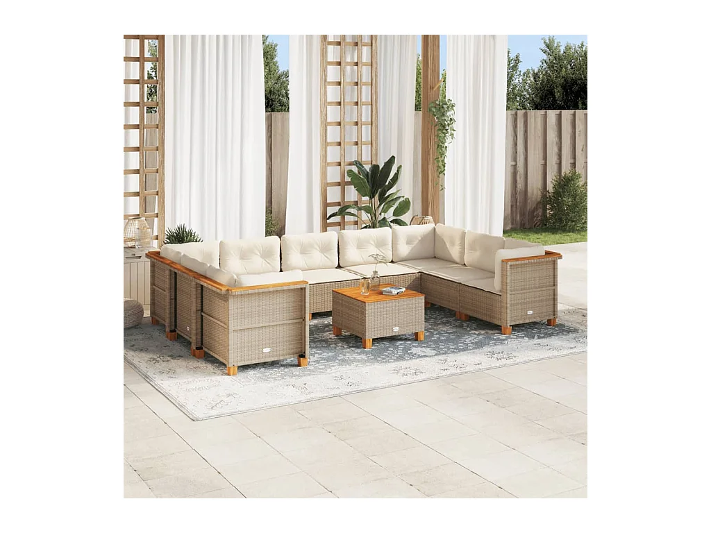 Salon de jardin avec coussins 10 pcs beige résine tressée