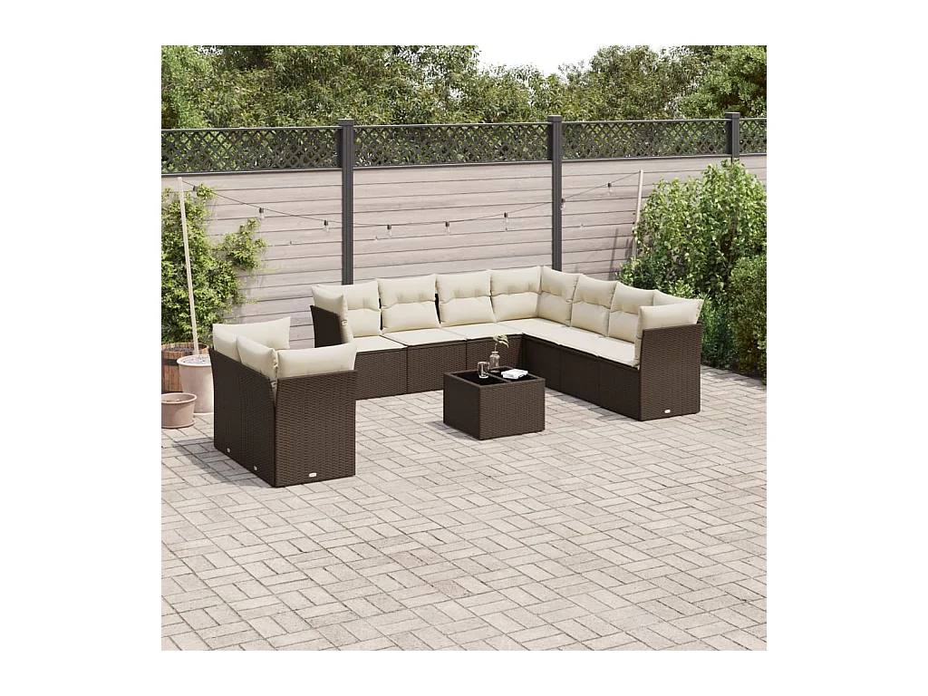 10-delige Loungeset met kussens poly rattan bruin