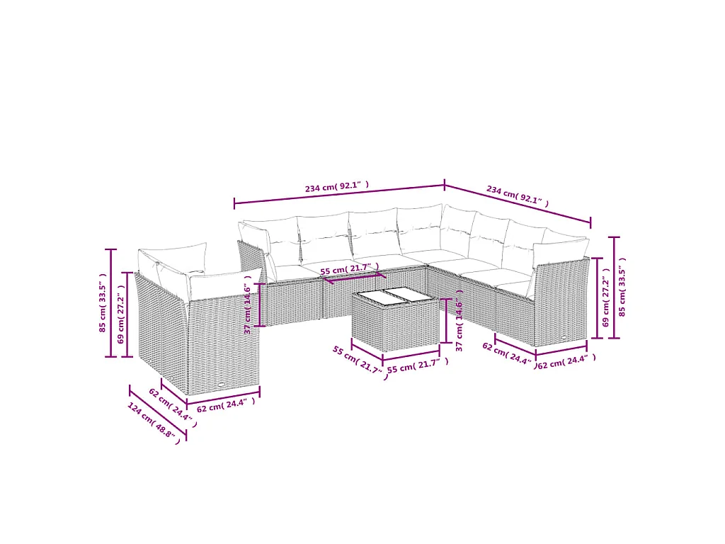 10-delige Loungeset met kussens poly rattan bruin