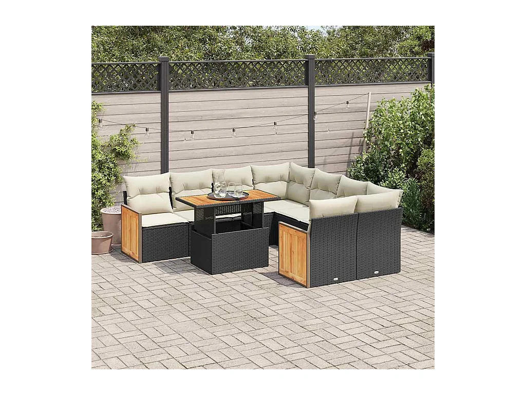 Set Divani da Giardino 9 pz con Cuscini Nero Polyrattan Acacia