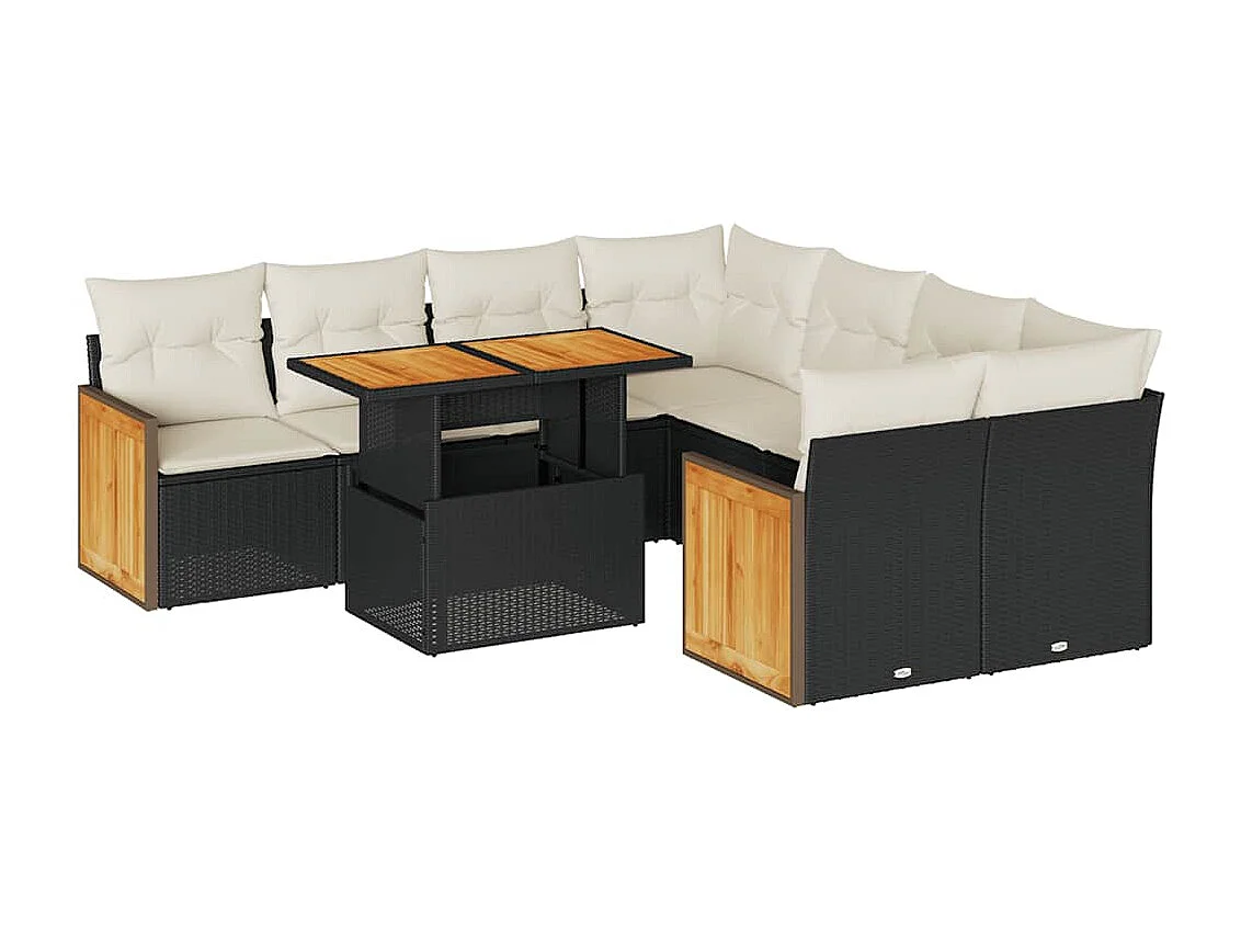 9-tlg. Garten-Sofagarnitur mit Kissen Schwarz Poly Rattan