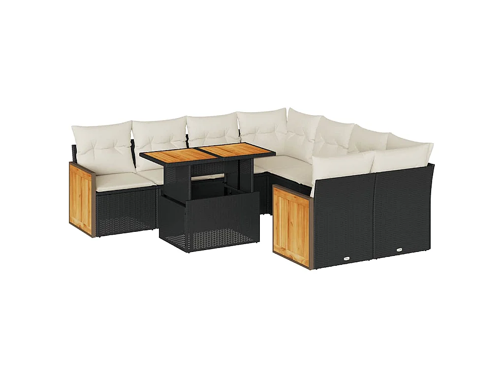 Set Divani da Giardino 9 pz con Cuscini Nero Polyrattan Acacia