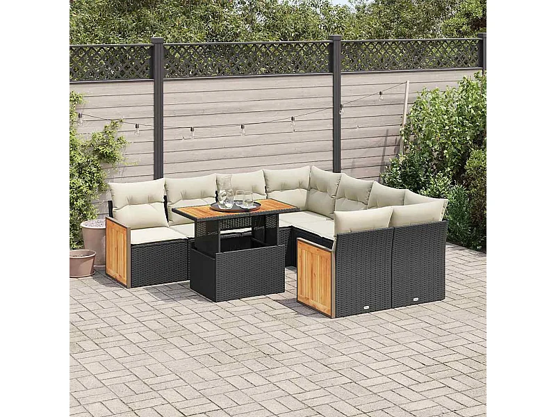 9-tlg. Garten-Sofagarnitur mit Kissen Schwarz Poly Rattan