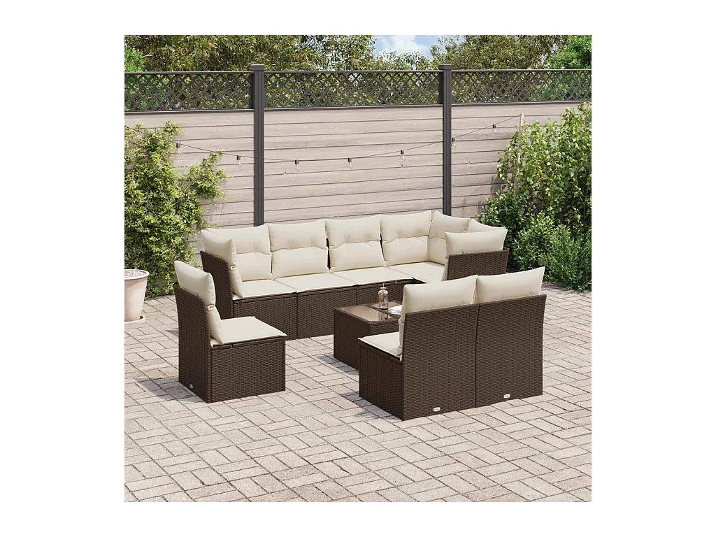 Salon de jardin avec coussins 9 pcs marron résine tressée