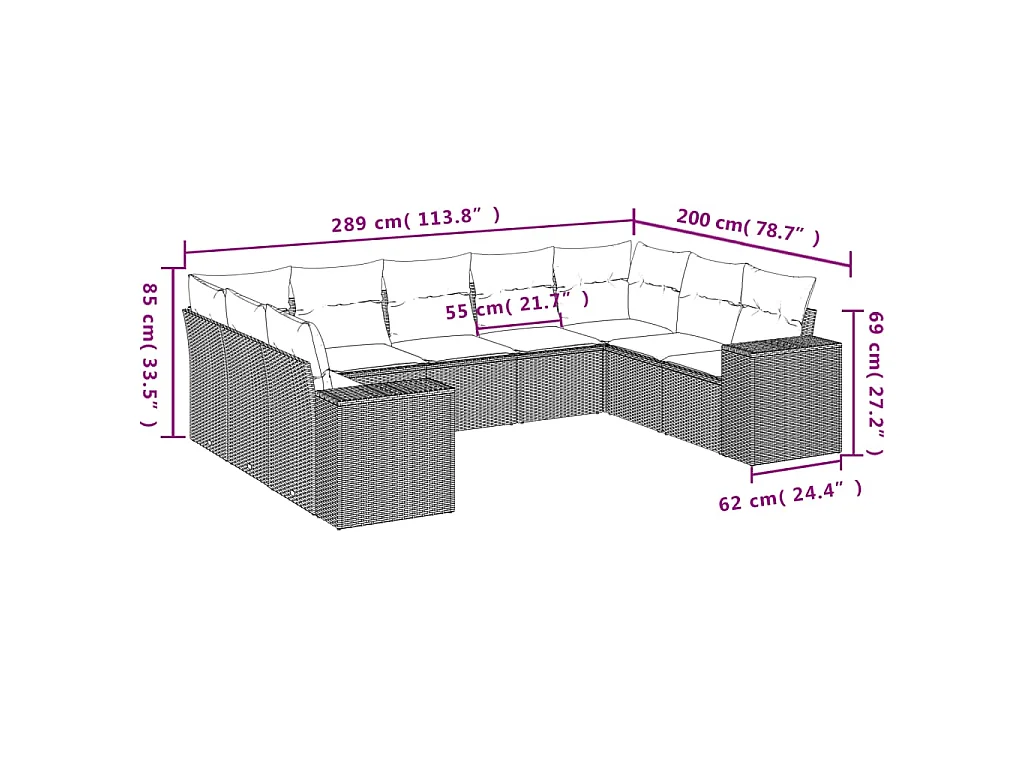 9-delige Loungeset met kussens poly rattan bruin