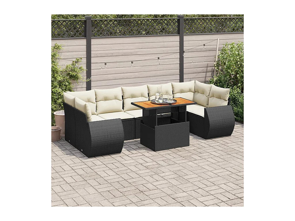 Salon de jardin 8 pcs avec coussins noir résine tressée