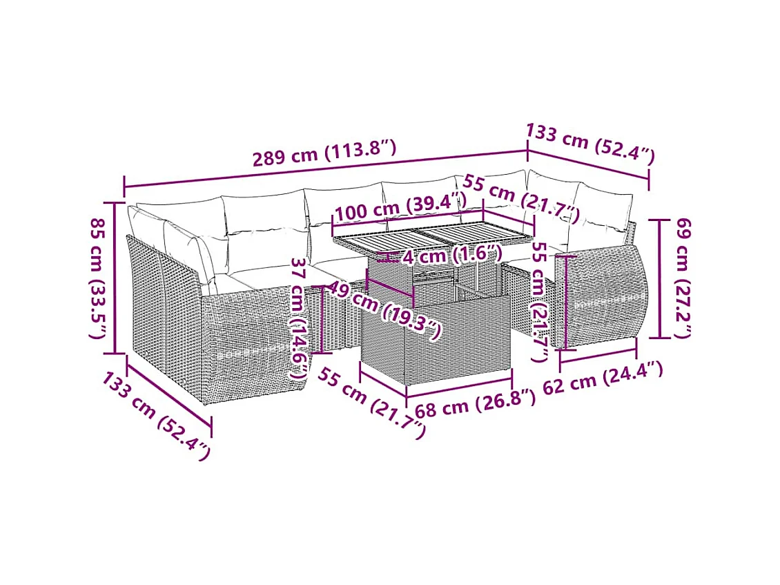 8-delige Loungeset met kussens poly rattan zwart