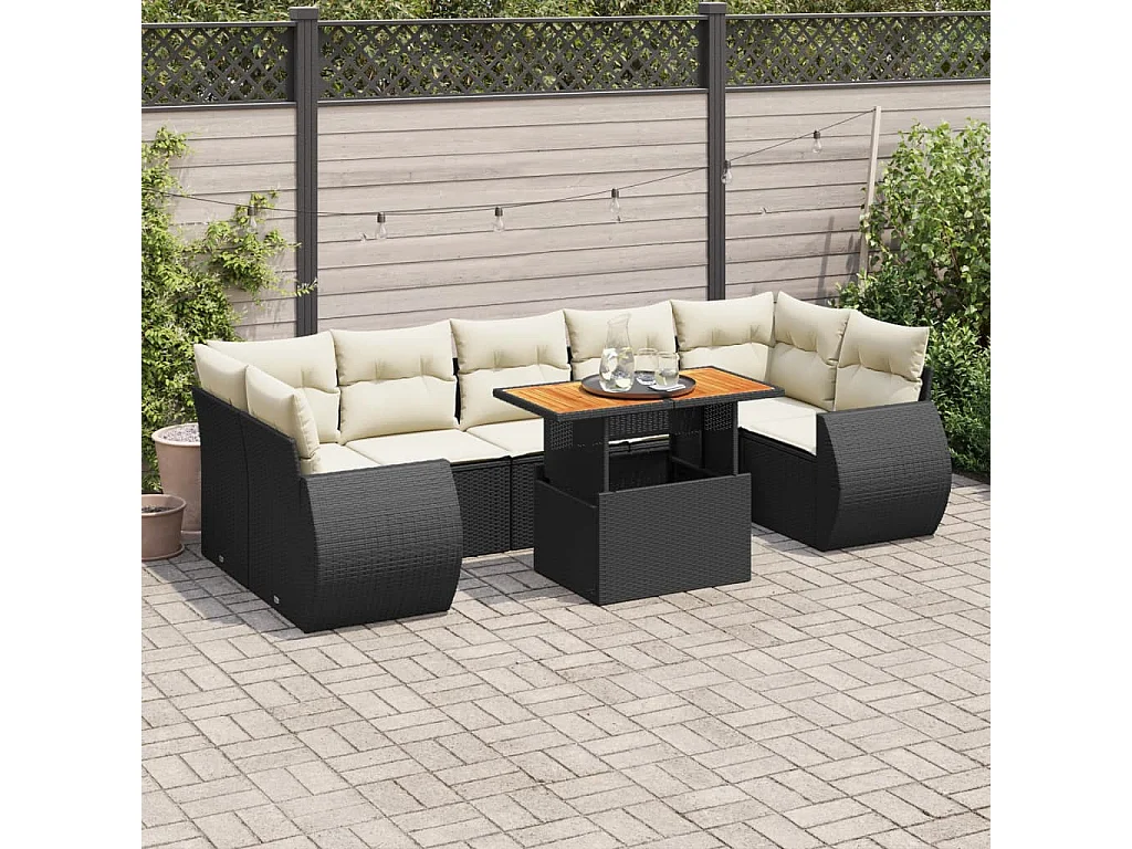 Set Divani da Giardino con Cuscini 8 pz Nero in Polyrattan