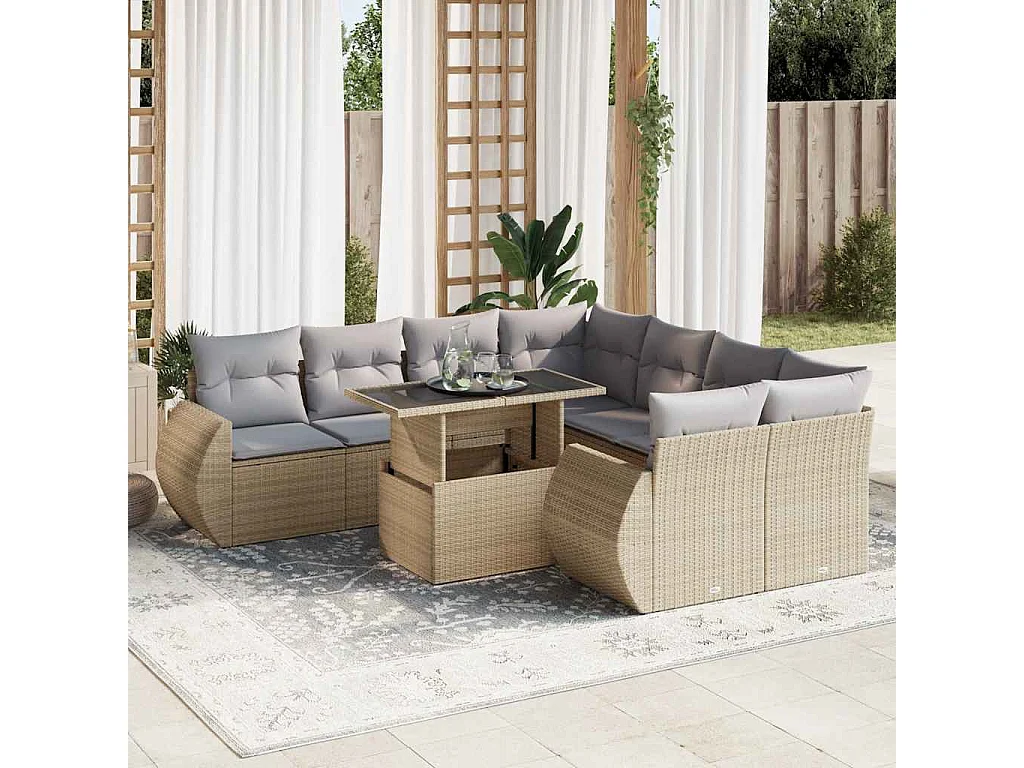 9-tlg. Garten-Sofagarnitur mit Kissen Beige Poly Rattan