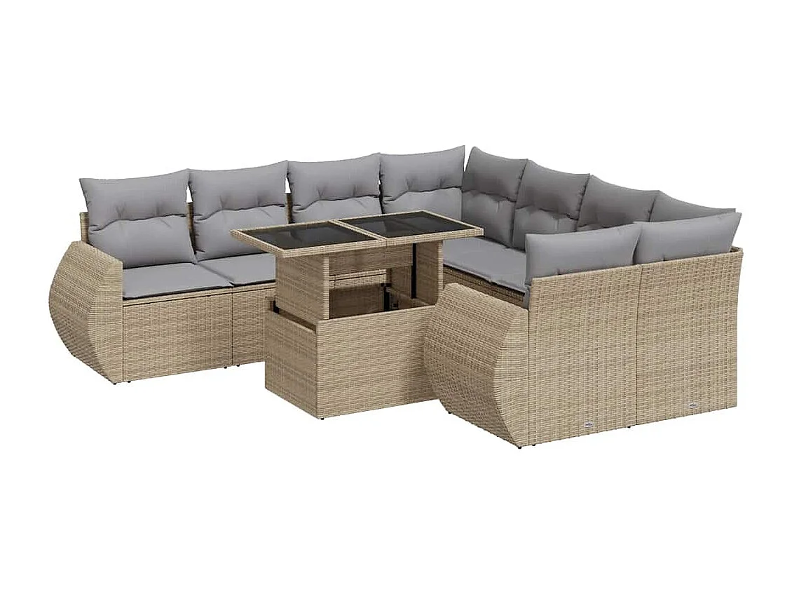 9-tlg. Garten-Sofagarnitur mit Kissen Beige Poly Rattan