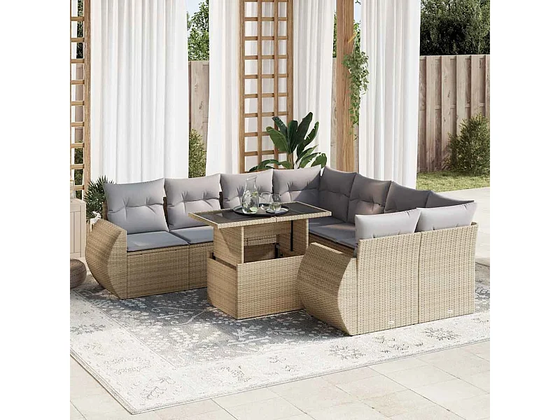 9-tlg. Garten-Sofagarnitur mit Kissen Beige Poly Rattan