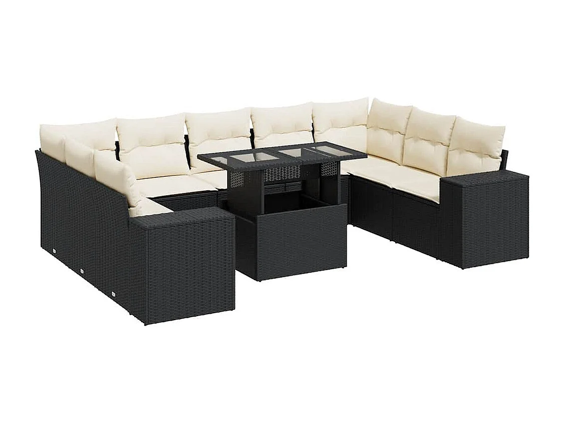 10-delige Loungeset met kussens poly rattan zwart