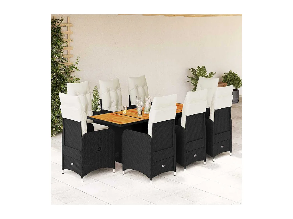 Set Bistrò da Giardino 9 pz con Cuscini in Polyrattan Nero