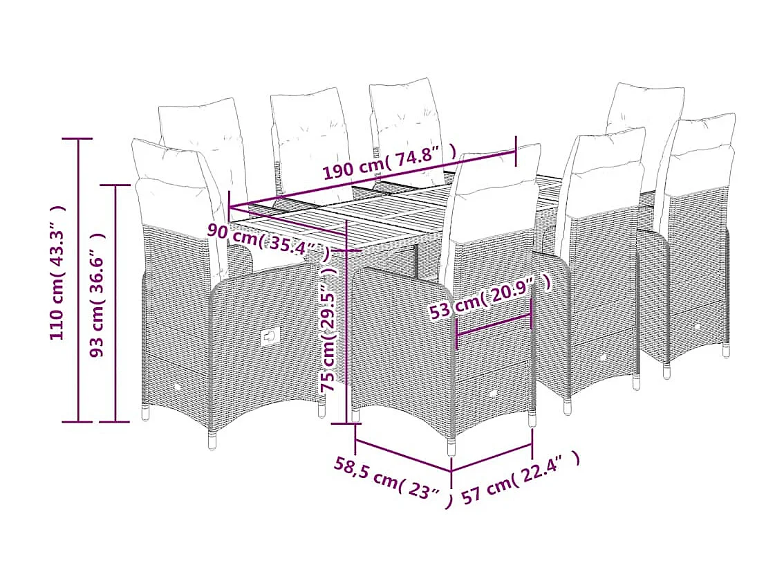 Ensemble de bistro de jardin 9 pcs coussins noir poly rotin