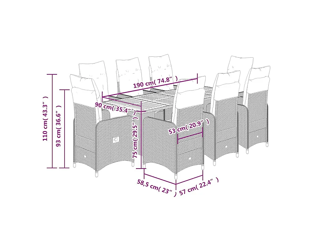Ensemble de bistro de jardin 9 pcs coussins noir poly rotin