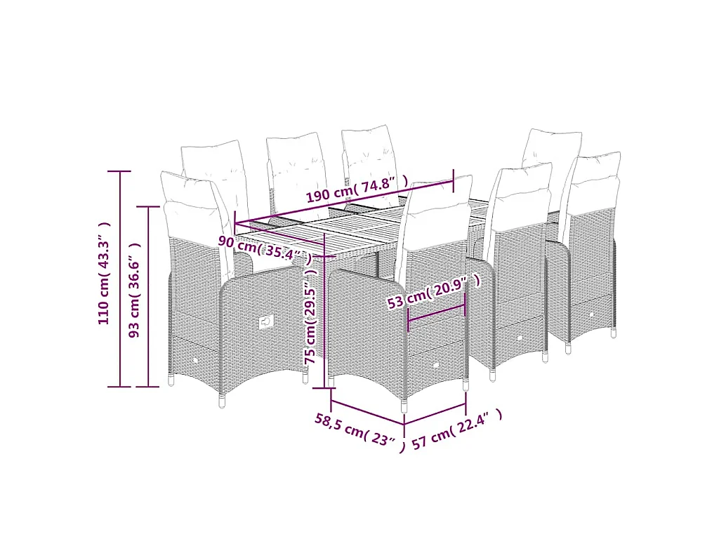 Ensemble de bistro de jardin 9 pcs coussins noir poly rotin